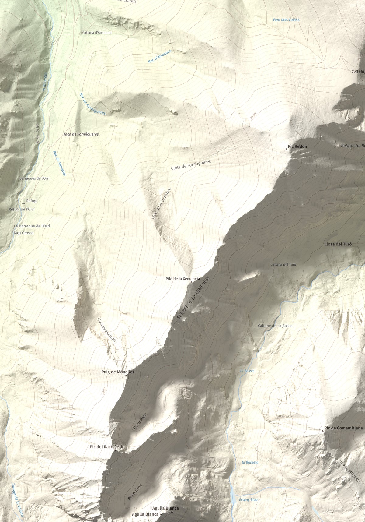 Mapa de relieve de Puig de Gallinàs, 2624 m, Conflent, lámina 100 Cims de Trobart. Detalle de la zona inferior izquierda. 70 × 100 cm.