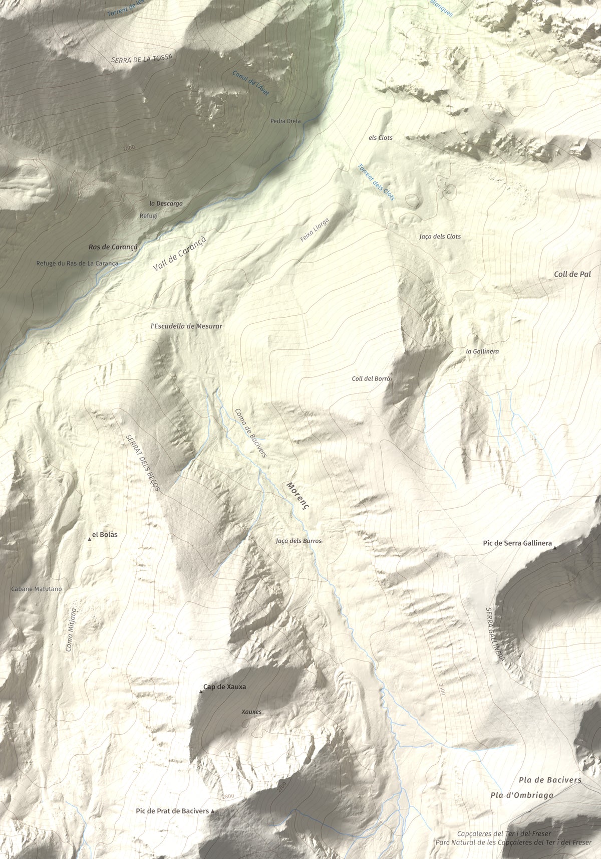Mapa de relieve de Puig de Gallinàs, 2624 m, Conflent, lámina 100 Cims de Trobart. Detalle de la zona inferior derecha. 70 × 100 cm.