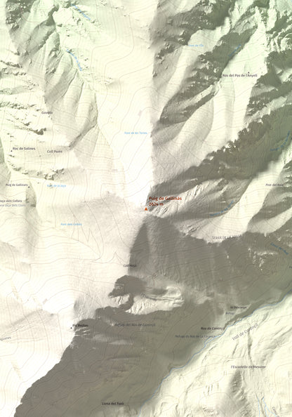 Mapa de relieve de Puig de Gallinàs, 2624 m, Conflent, lámina 100 Cims de Trobart. Detalle de la zona central. 70 × 100 cm.