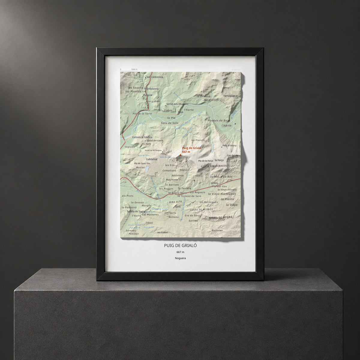 Mapa topogràfic del relleu: Puig de Grialó, 667 m. Presentació emmarcada. 21 × 30 cm.