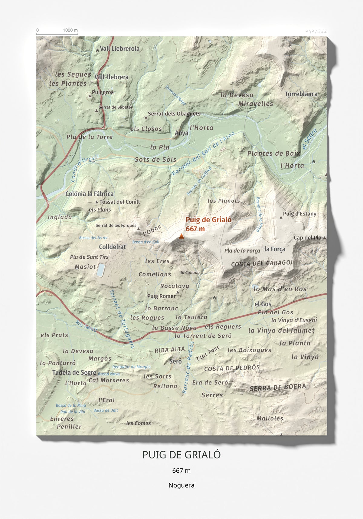 Mapa topogràfic del relleu: Puig de Grialó, 667 m. Làmina completa. 21 × 30 cm.