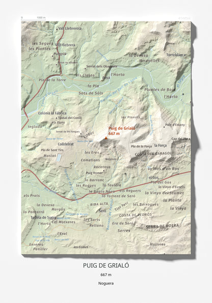 Mapa topogràfic del relleu: Puig de Grialó, 667 m. Làmina completa. 21 × 30 cm.