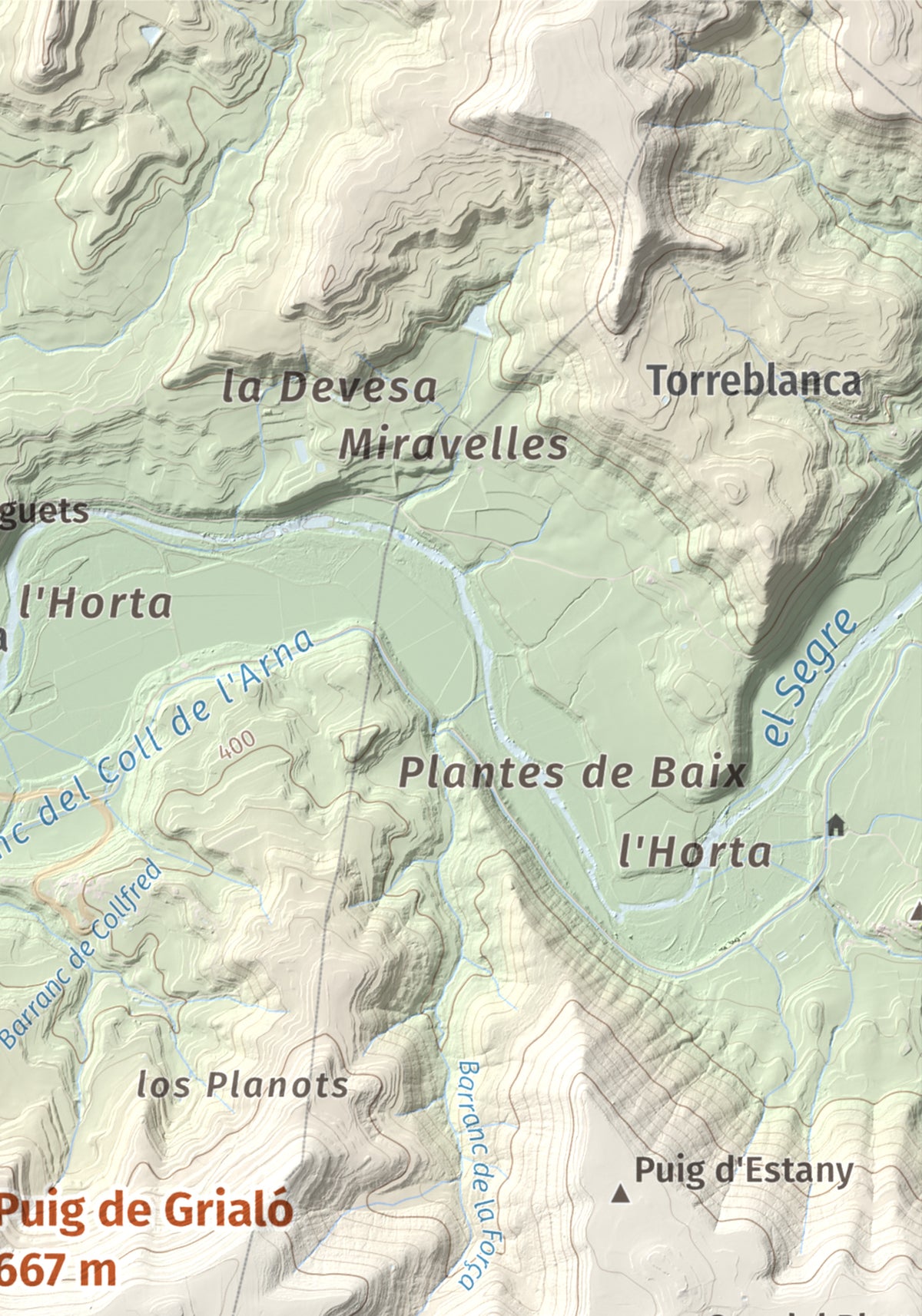Mapa topogràfic del relleu: Puig de Grialó, 667 m. Detall de la zona superior dreta. 21 × 30 cm.