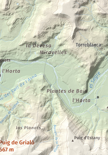 Mapa topogràfic del relleu: Puig de Grialó, 667 m. Detall de la zona superior dreta. 21 × 30 cm.