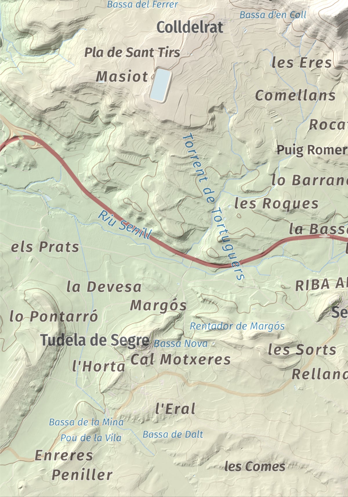 Mapa topogràfic del relleu: Puig de Grialó, 667 m. Detall de la zona inferior esquerra. 21 × 30 cm.