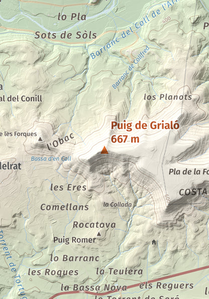 Mapa topogràfic del relleu: Puig de Grialó, 667 m. Detall de la zona central. 21 × 30 cm.