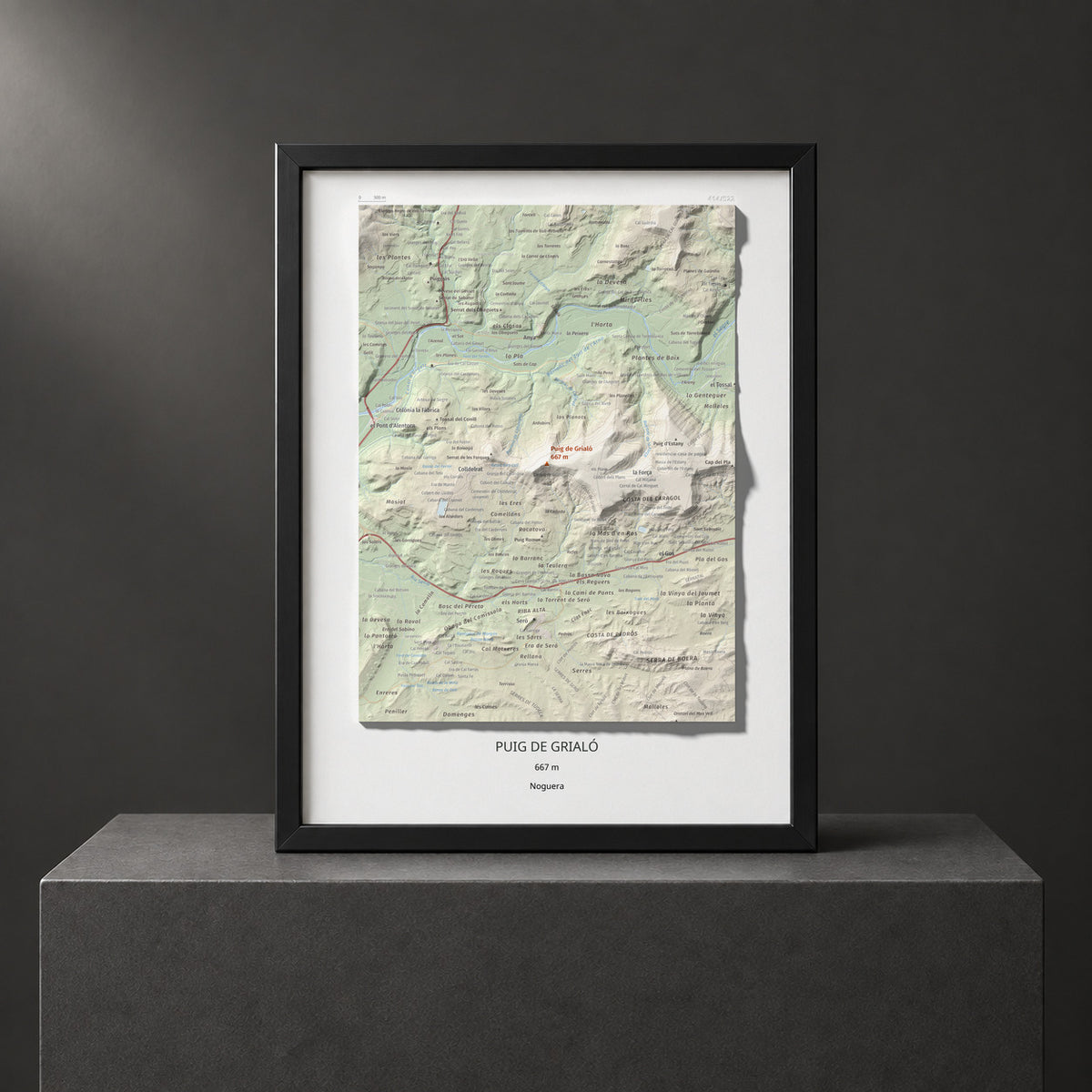 Mapa topogràfic del relleu: Puig de Grialó, 667 m. Presentació emmarcada. 30 × 40 cm.