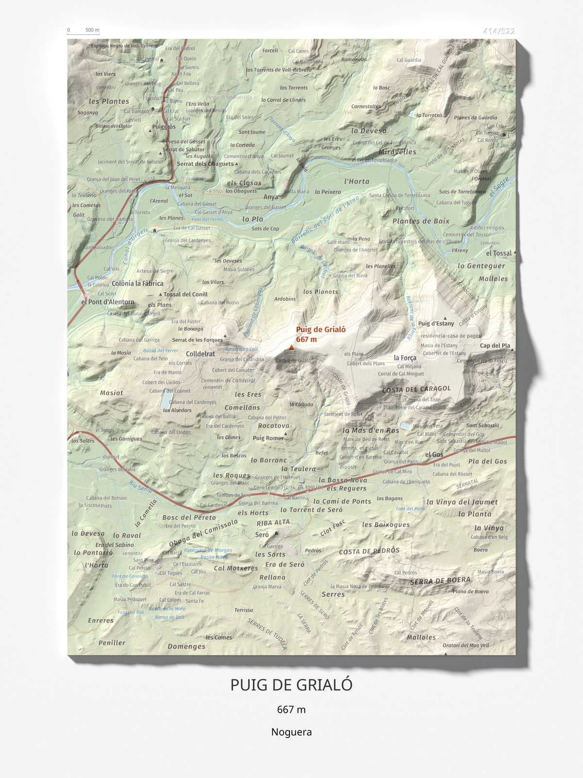 Mapa topogràfic del relleu: Puig de Grialó, 667 m. Làmina completa. 30 × 40 cm.
