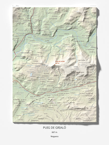 Mapa topogràfic del relleu: Puig de Grialó, 667 m. Làmina completa. 30 × 40 cm.