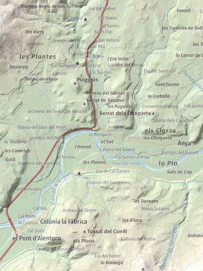 Mapa topogràfic del relleu: Puig de Grialó, 667 m. Detall de la zona superior esquerra. 30 × 40 cm.