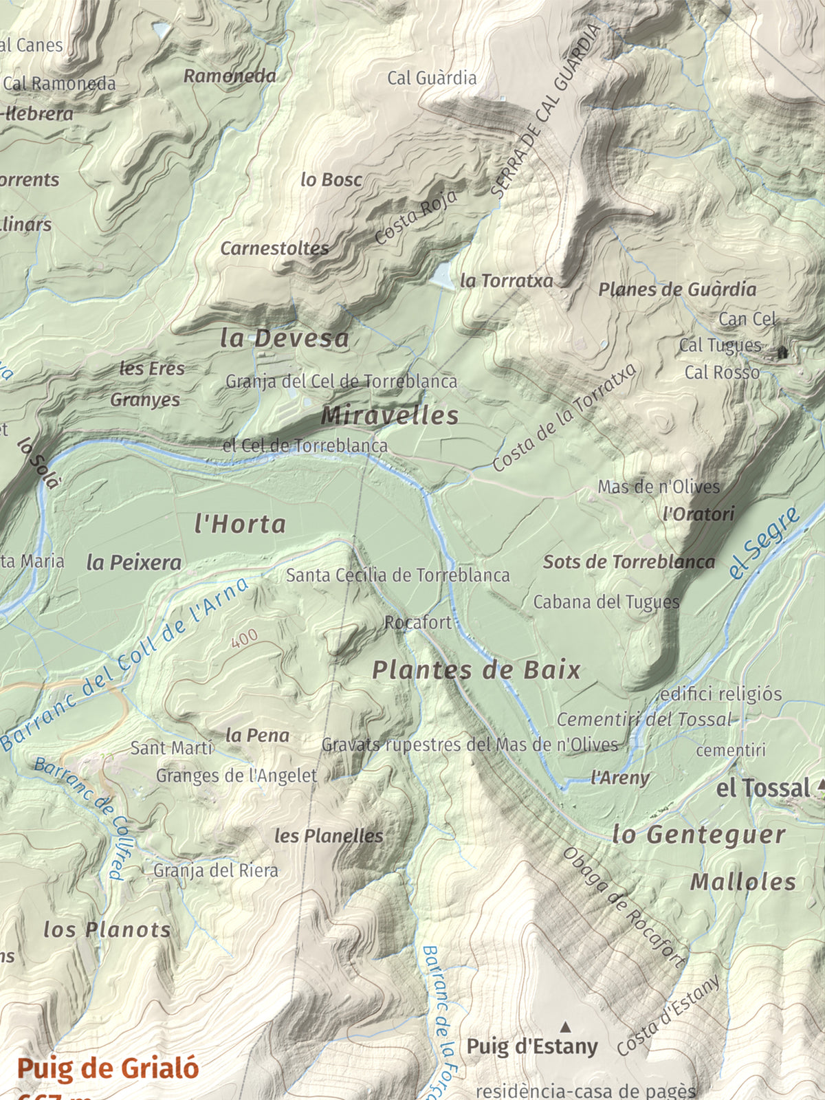 Mapa topogràfic del relleu: Puig de Grialó, 667 m. Detall de la zona superior dreta. 30 × 40 cm.