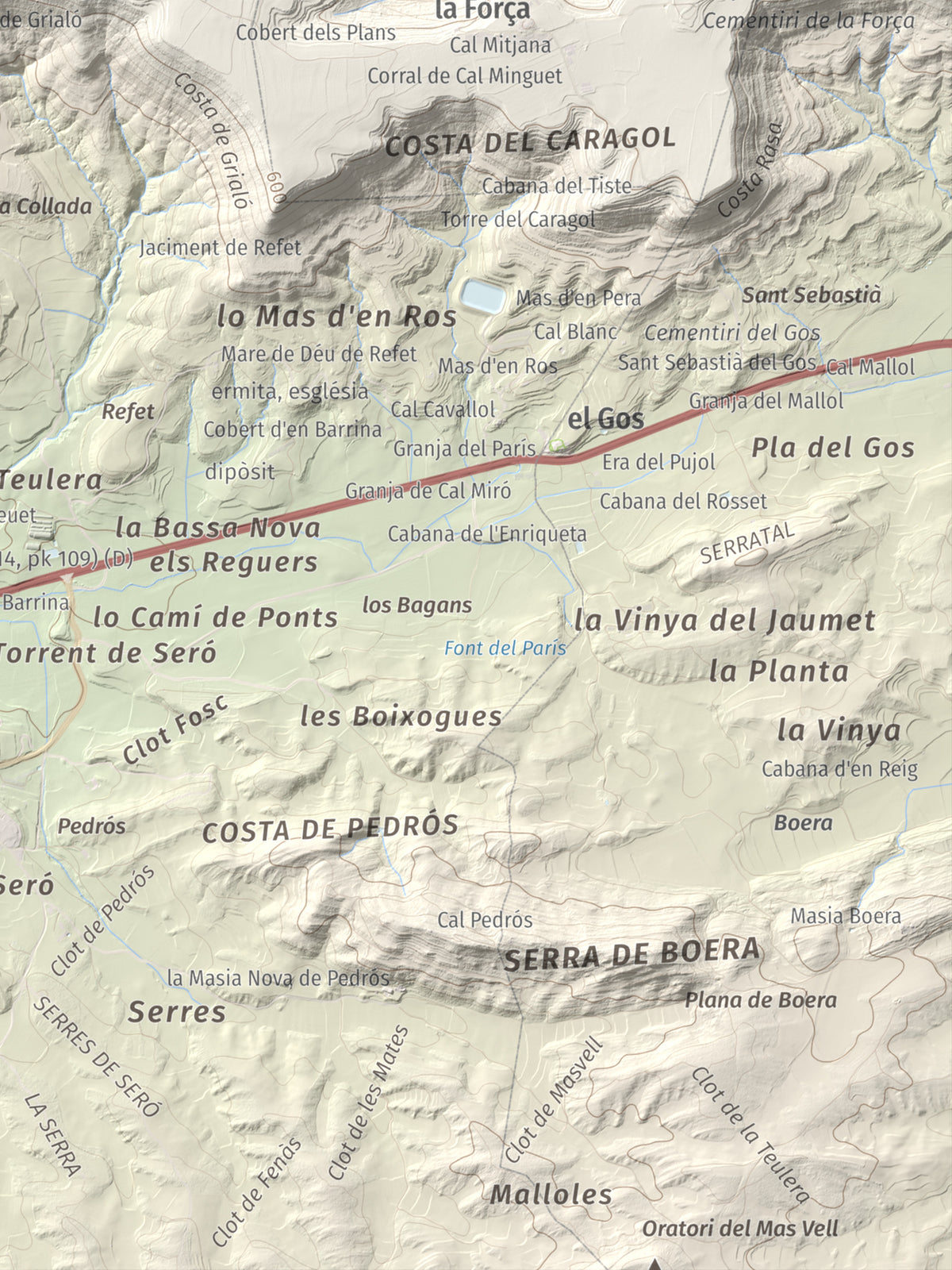 Mapa topogràfic del relleu: Puig de Grialó, 667 m. Detall de la zona inferior dreta. 30 × 40 cm.