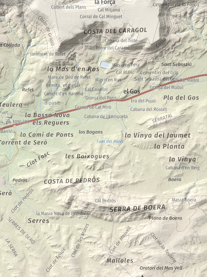 Mapa topogràfic del relleu: Puig de Grialó, 667 m. Detall de la zona inferior dreta. 30 × 40 cm.