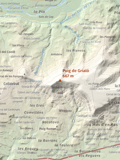 Mapa topogràfic del relleu: Puig de Grialó, 667 m. Detall de la zona central. 30 × 40 cm.
