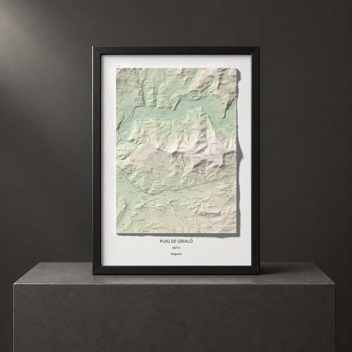 Mapa topogràfic del relleu: Puig de Grialó, 667 m. Presentació emmarcada. 50 × 70 cm.