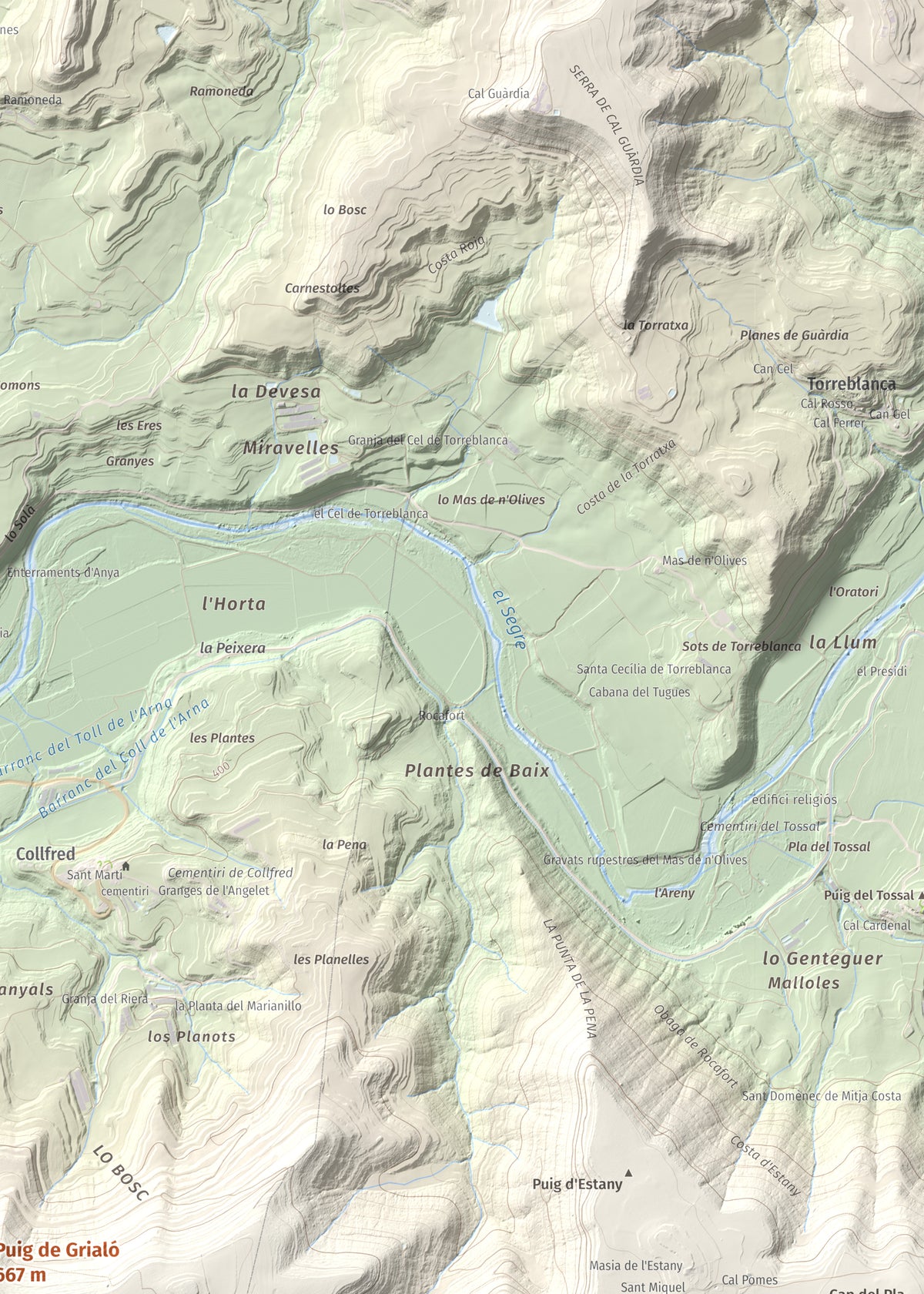 Mapa topogràfic del relleu: Puig de Grialó, 667 m. Detall de la zona superior dreta. 50 × 70 cm.