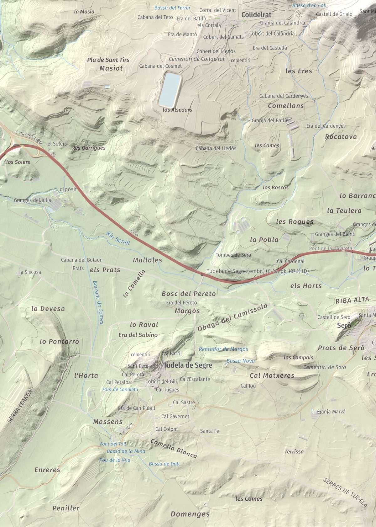 Mapa topogràfic del relleu: Puig de Grialó, 667 m. Detall de la zona inferior esquerra. 50 × 70 cm.