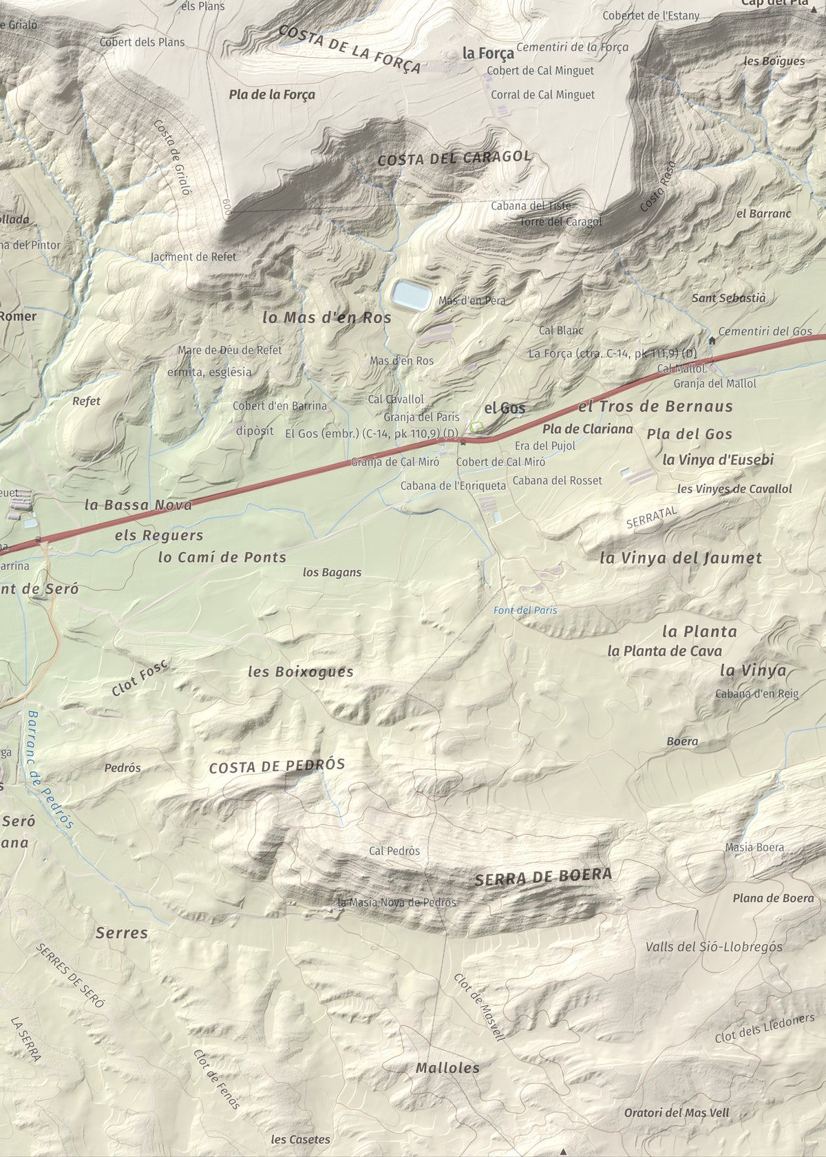 Mapa topogràfic del relleu: Puig de Grialó, 667 m. Detall de la zona inferior dreta. 50 × 70 cm.