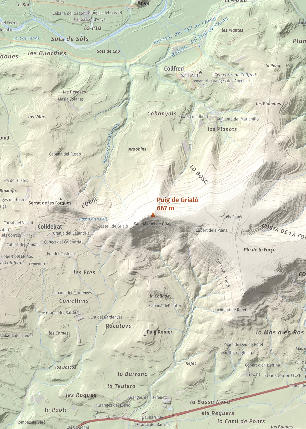 Mapa topogràfic del relleu: Puig de Grialó, 667 m. Detall de la zona central. 50 × 70 cm.