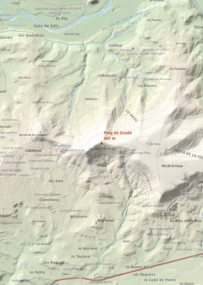 Mapa topogràfic del relleu: Puig de Grialó, 667 m. Detall de la zona central. 50 × 70 cm.