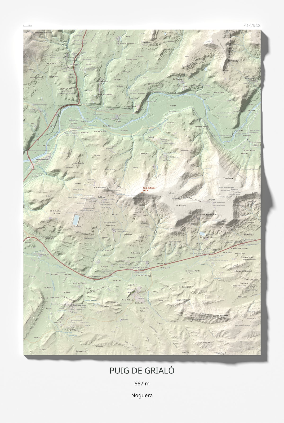 Mapa topogràfic del relleu: Puig de Grialó, 667 m. Làmina completa. 61 × 91 cm.