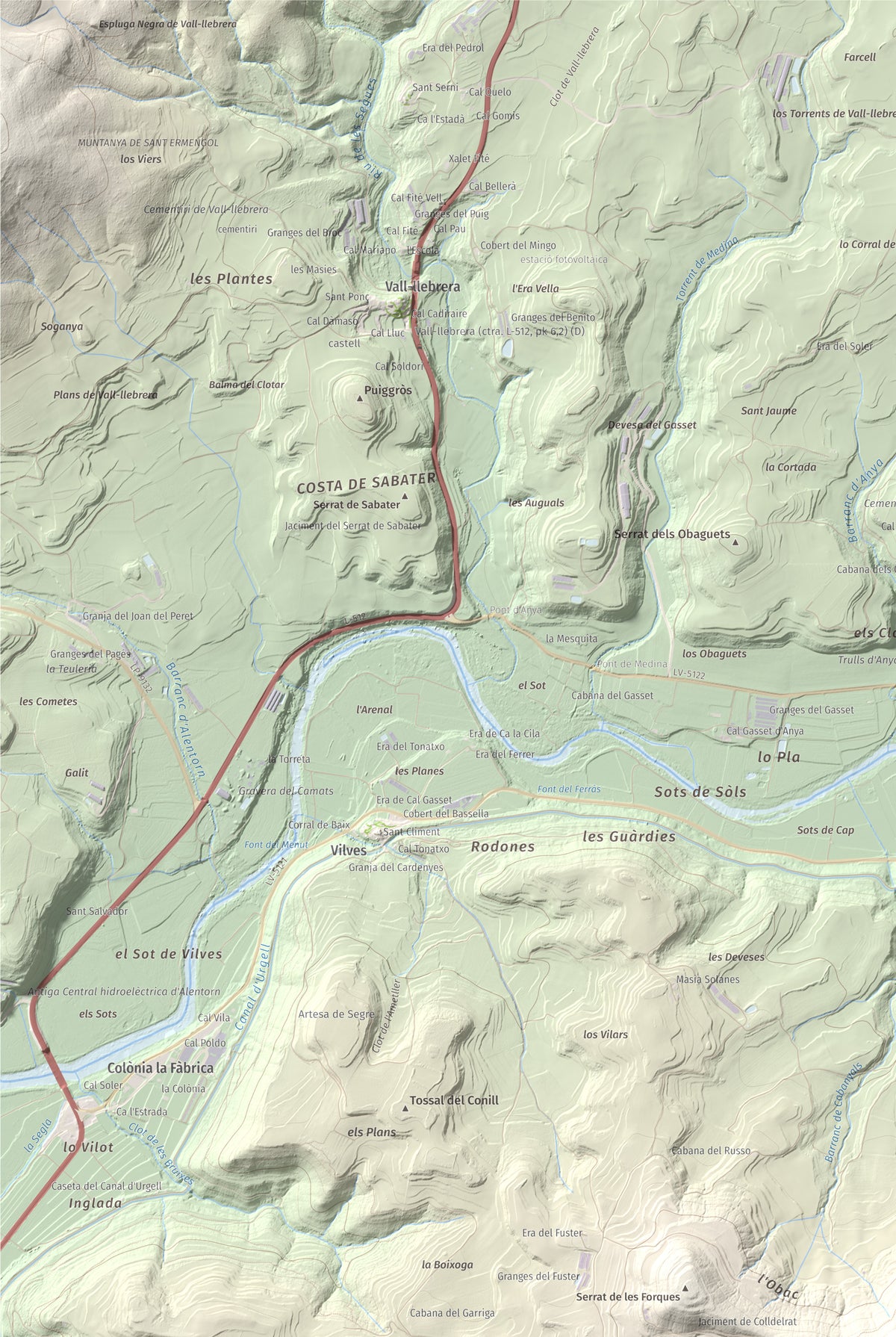 Mapa topogràfic del relleu: Puig de Grialó, 667 m. Detall de la zona superior esquerra. 61 × 91 cm.