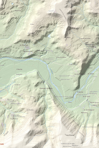 Mapa topogràfic del relleu: Puig de Grialó, 667 m. Detall de la zona superior dreta. 61 × 91 cm.