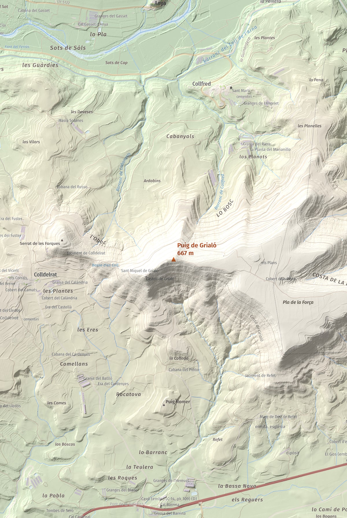 Mapa topogràfic del relleu: Puig de Grialó, 667 m. Detall de la zona central. 61 × 91 cm.