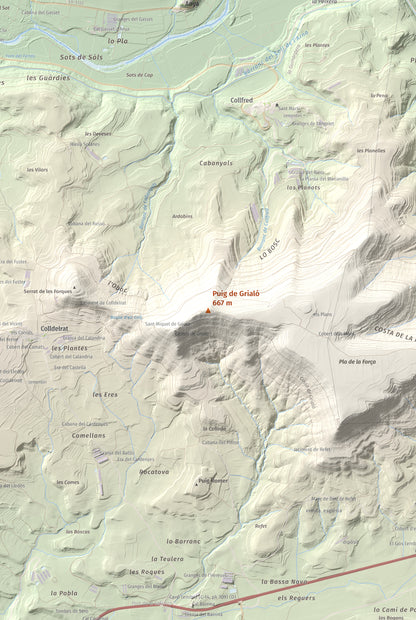 Mapa topogràfic del relleu: Puig de Grialó, 667 m. Detall de la zona central. 61 × 91 cm.