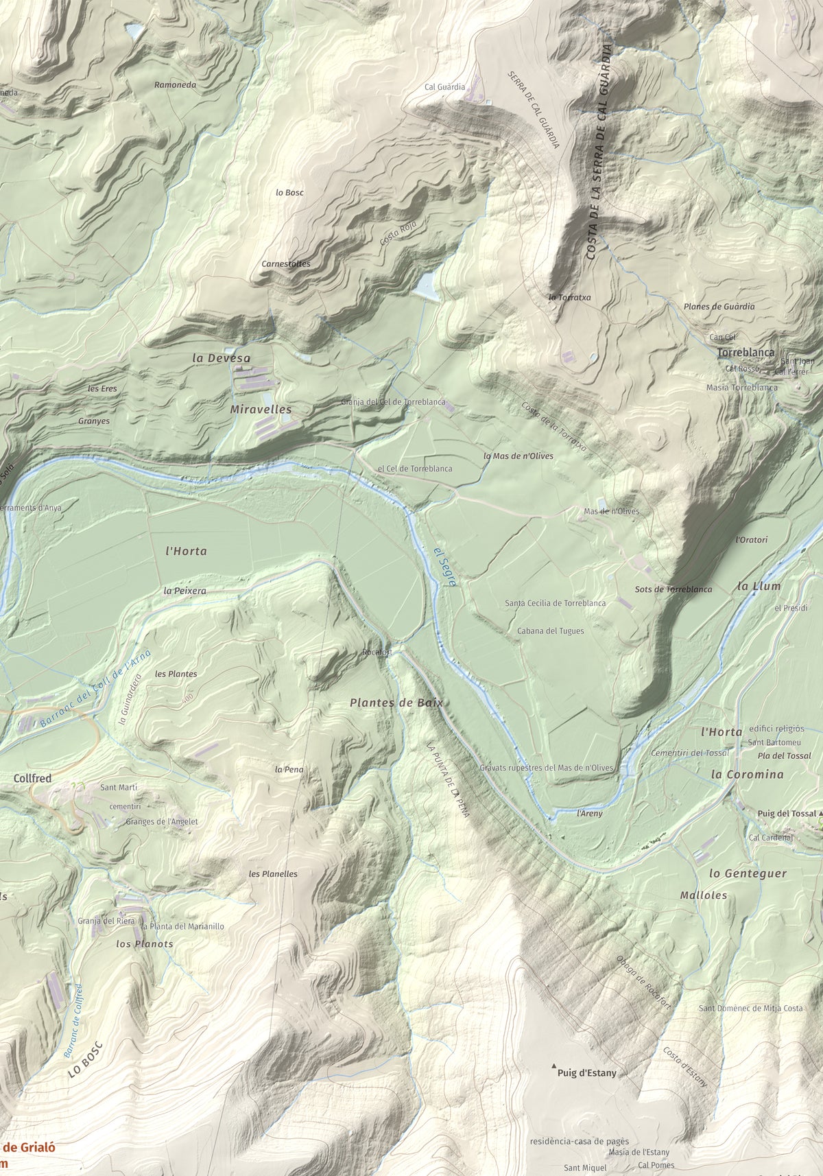 Mapa topogràfic del relleu: Puig de Grialó, 667 m. Detall de la zona superior dreta. 70 × 100 cm.