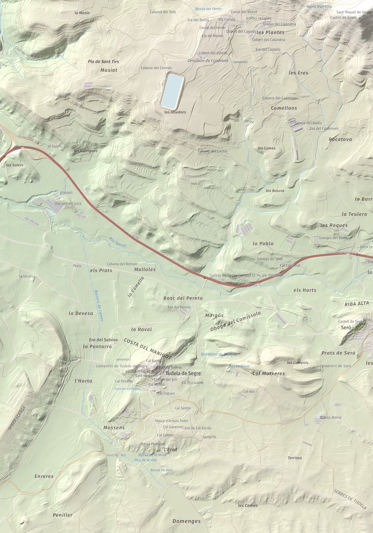 Mapa topogràfic del relleu: Puig de Grialó, 667 m. Detall de la zona inferior esquerra. 70 × 100 cm.