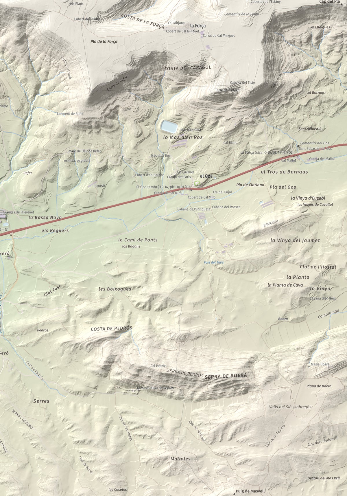 Mapa topogràfic del relleu: Puig de Grialó, 667 m. Detall de la zona inferior dreta. 70 × 100 cm.