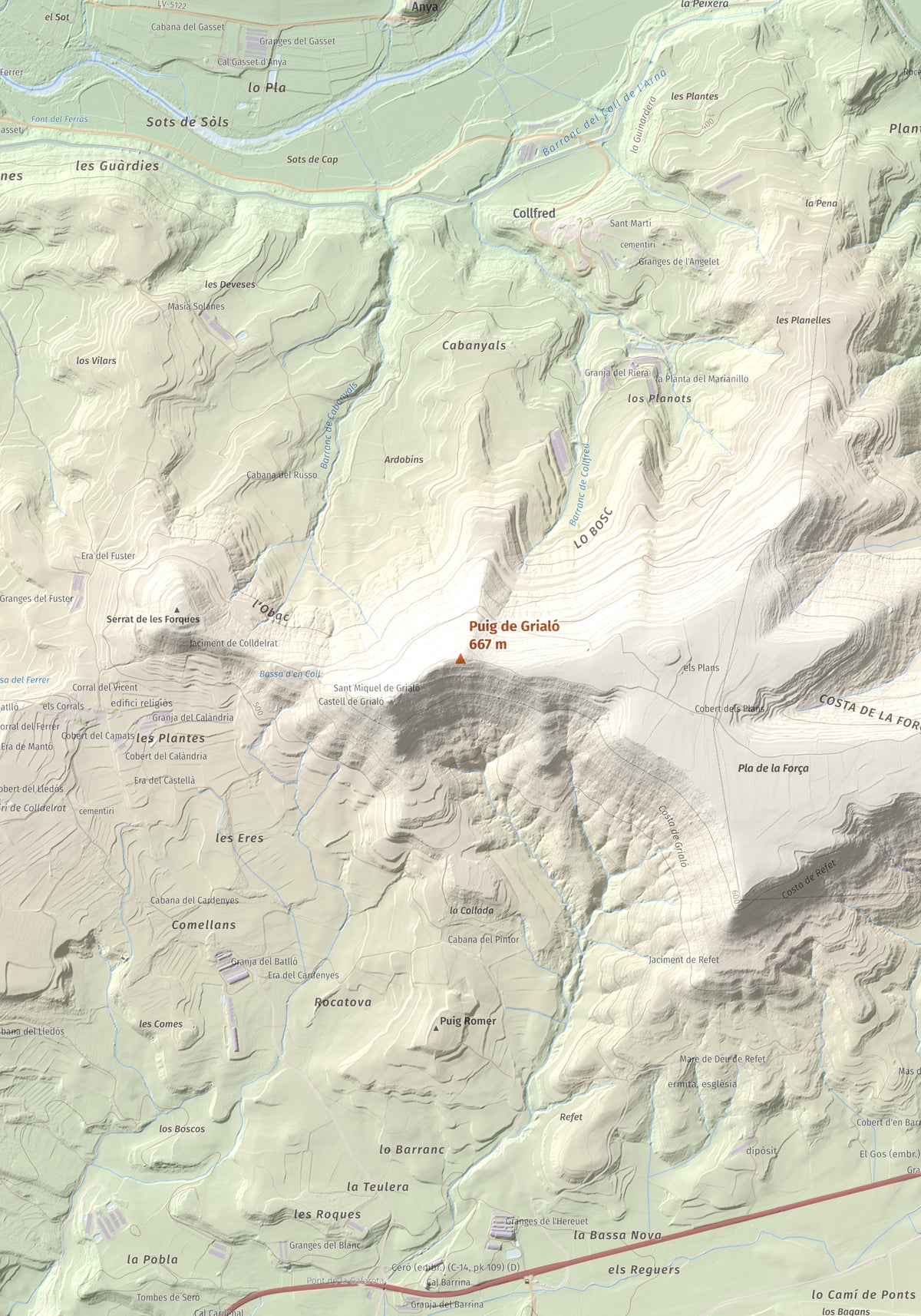 Mapa topogràfic del relleu: Puig de Grialó, 667 m. Detall de la zona central. 70 × 100 cm.