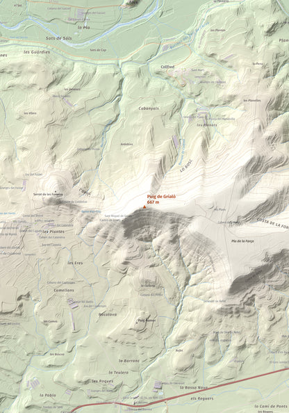 Mapa topogràfic del relleu: Puig de Grialó, 667 m. Detall de la zona central. 70 × 100 cm.