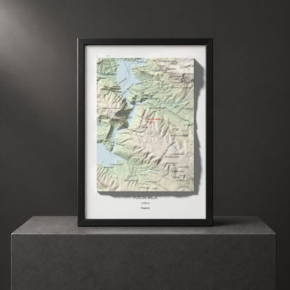 Mapa de relieve de Puig de Millà, 1025 m, Noguera, lámina 100 Cims de Trobart. Presentación enmarcada. 21 × 30 cm.