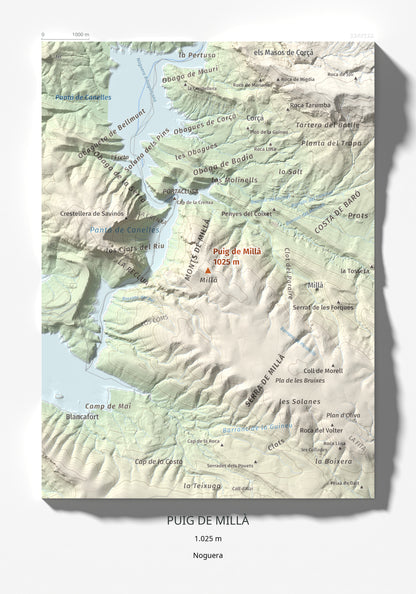 Mapa de relieve de Puig de Millà, 1025 m, Noguera, lámina 100 Cims de Trobart 21 × 30 cm.