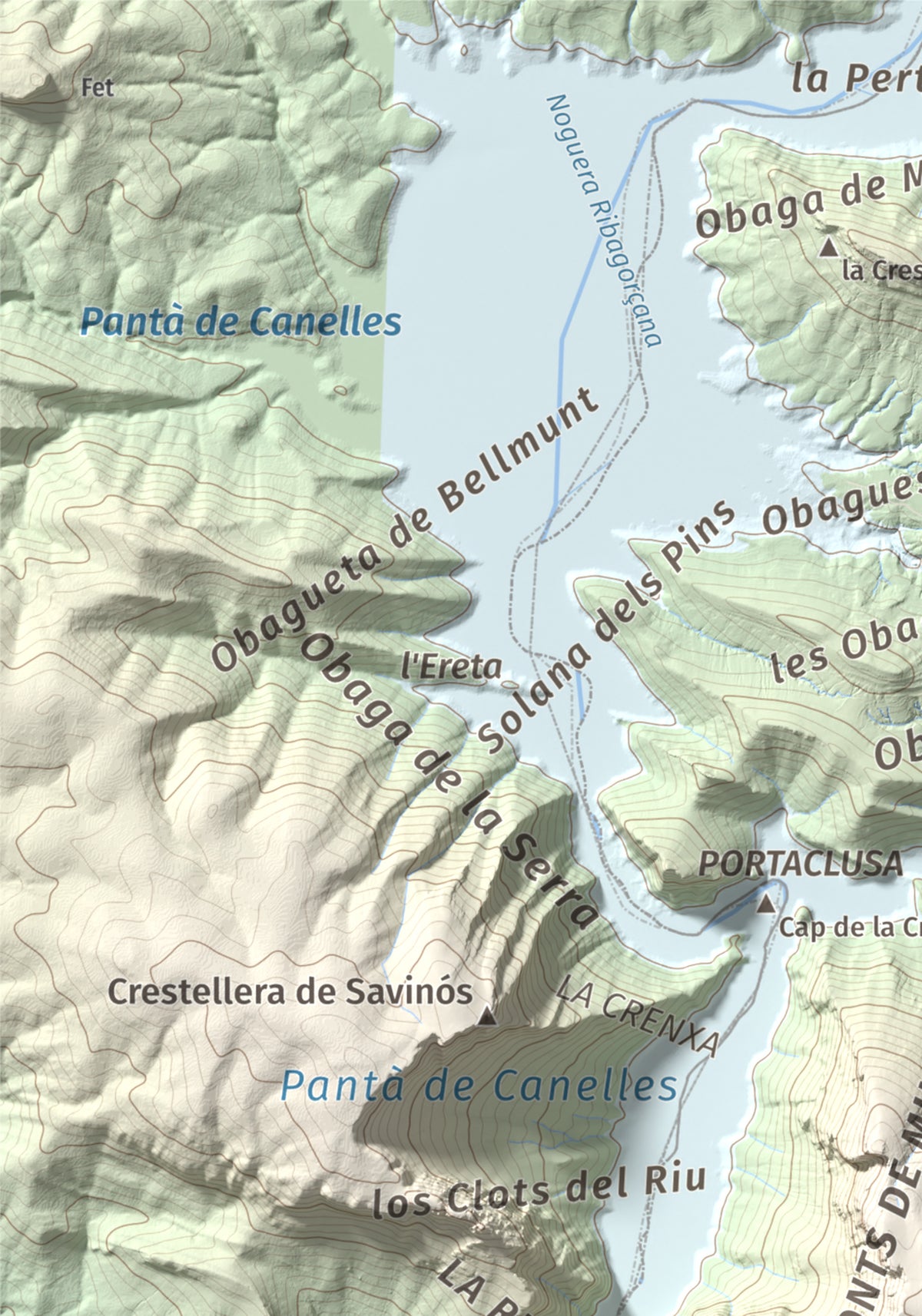 Mapa de relieve de Puig de Millà, 1025 m, Noguera, lámina 100 Cims de Trobart. Detalle de la zona superior izquierda. 21 × 30 cm.