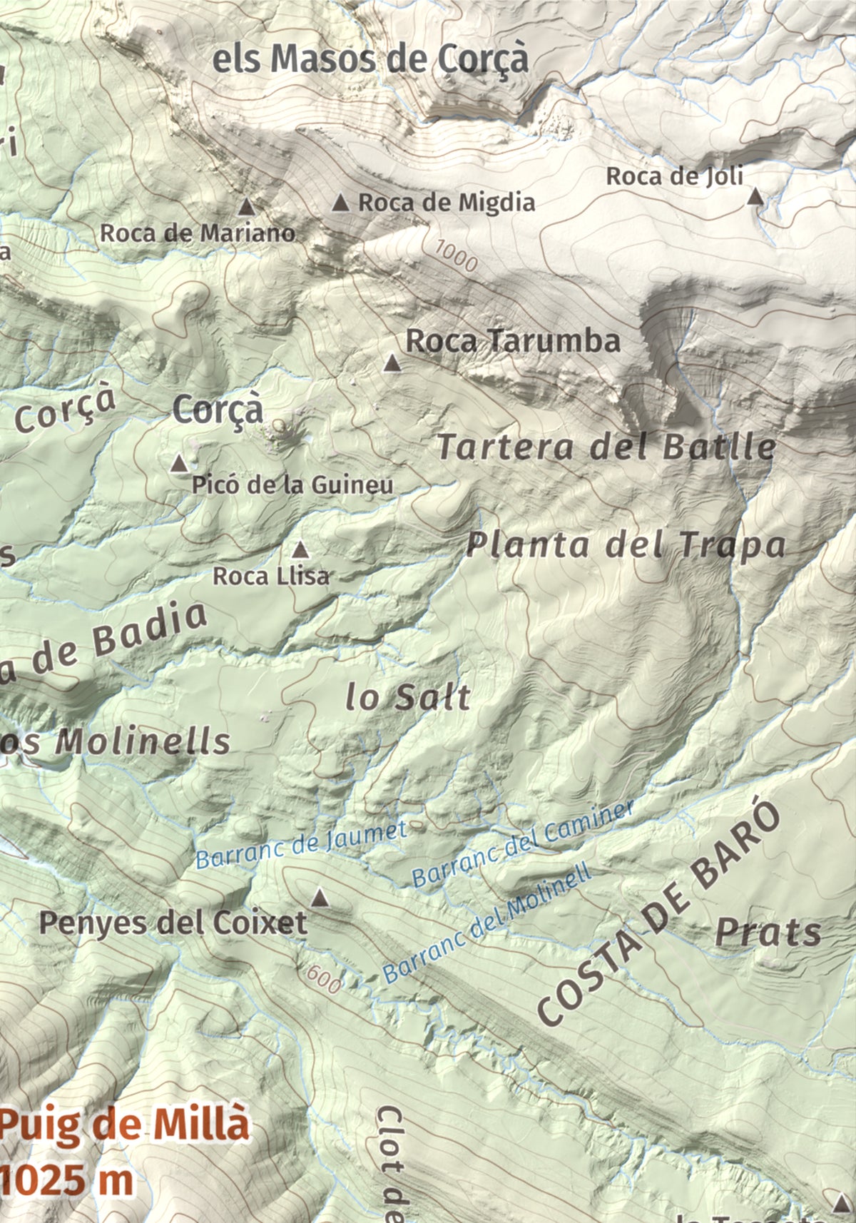 Mapa de relieve de Puig de Millà, 1025 m, Noguera, lámina 100 Cims de Trobart. Detalle de la zona superior derecha. 21 × 30 cm.