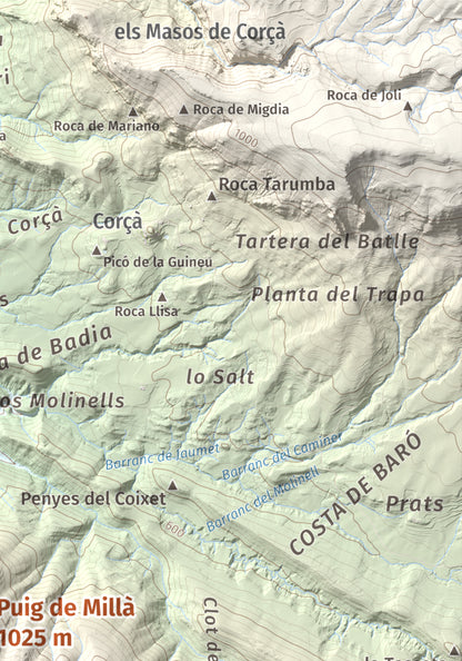 Mapa de relieve de Puig de Millà, 1025 m, Noguera, lámina 100 Cims de Trobart. Detalle de la zona superior derecha. 21 × 30 cm.