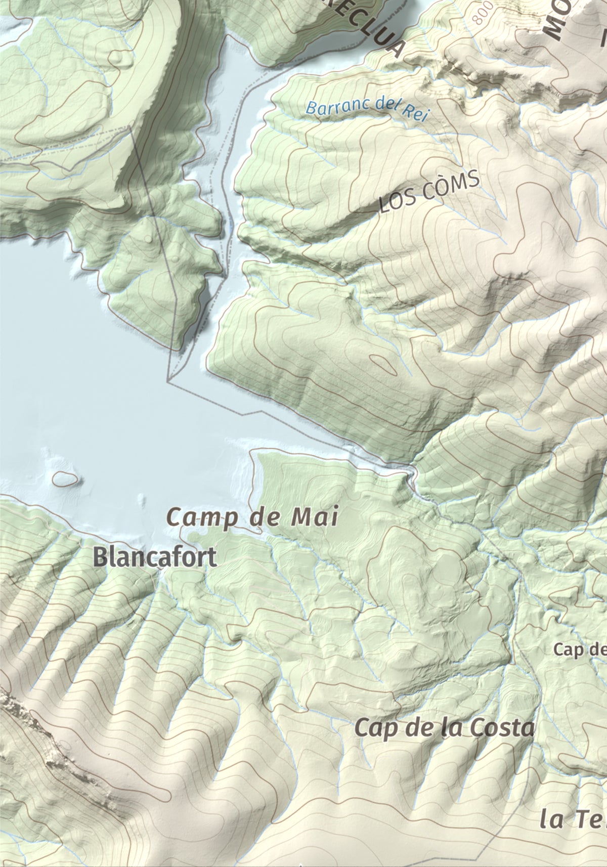 Mapa de relieve de Puig de Millà, 1025 m, Noguera, lámina 100 Cims de Trobart. Detalle de la zona inferior izquierda. 21 × 30 cm.