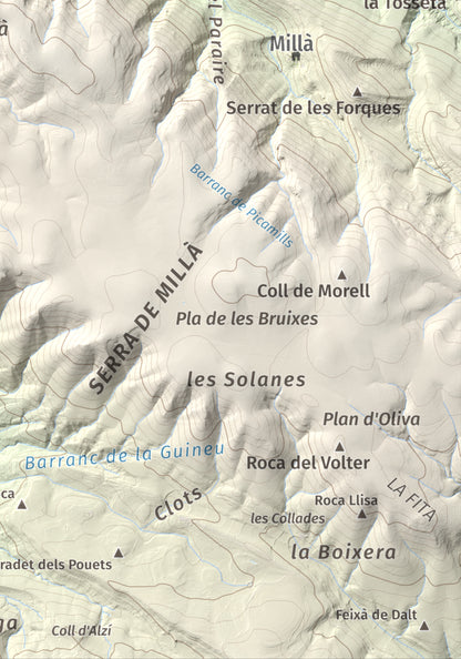Mapa de relieve de Puig de Millà, 1025 m, Noguera, lámina 100 Cims de Trobart. Detalle de la zona inferior derecha. 21 × 30 cm.