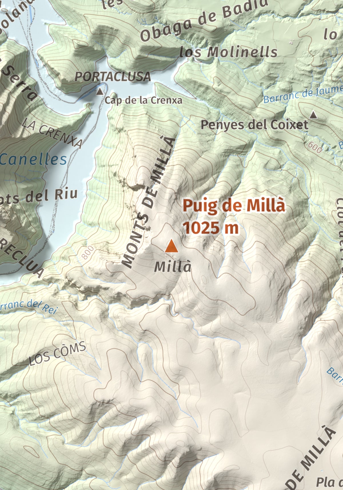 Mapa de relieve de Puig de Millà, 1025 m, Noguera, lámina 100 Cims de Trobart. Detalle de la zona central. 21 × 30 cm.