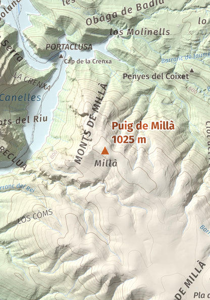 Mapa de relieve de Puig de Millà, 1025 m, Noguera, lámina 100 Cims de Trobart. Detalle de la zona central. 21 × 30 cm.