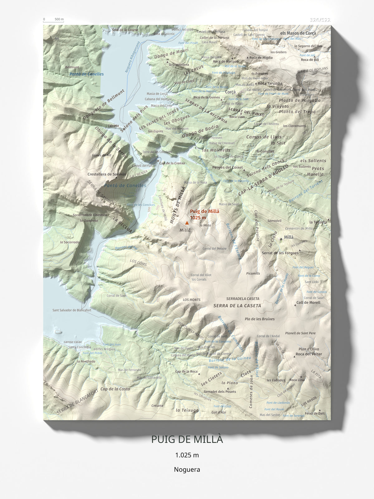 Mapa de relieve de Puig de Millà, 1025 m, Noguera, lámina 100 Cims de Trobart 30 × 40 cm.