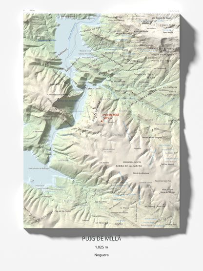 Mapa de relieve de Puig de Millà, 1025 m, Noguera, lámina 100 Cims de Trobart 30 × 40 cm.