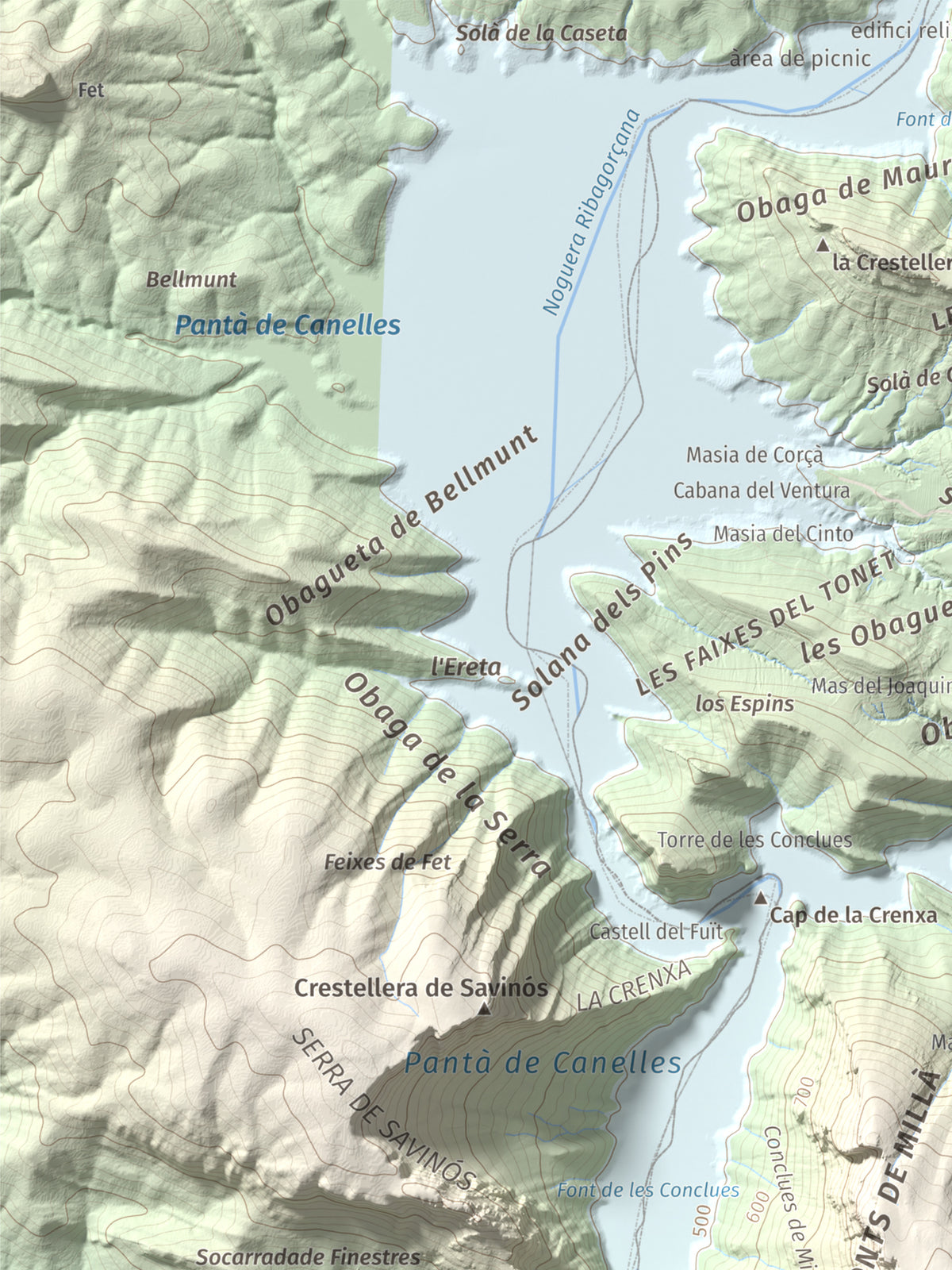 Mapa de relieve de Puig de Millà, 1025 m, Noguera, lámina 100 Cims de Trobart. Detalle de la zona superior izquierda. 30 × 40 cm.