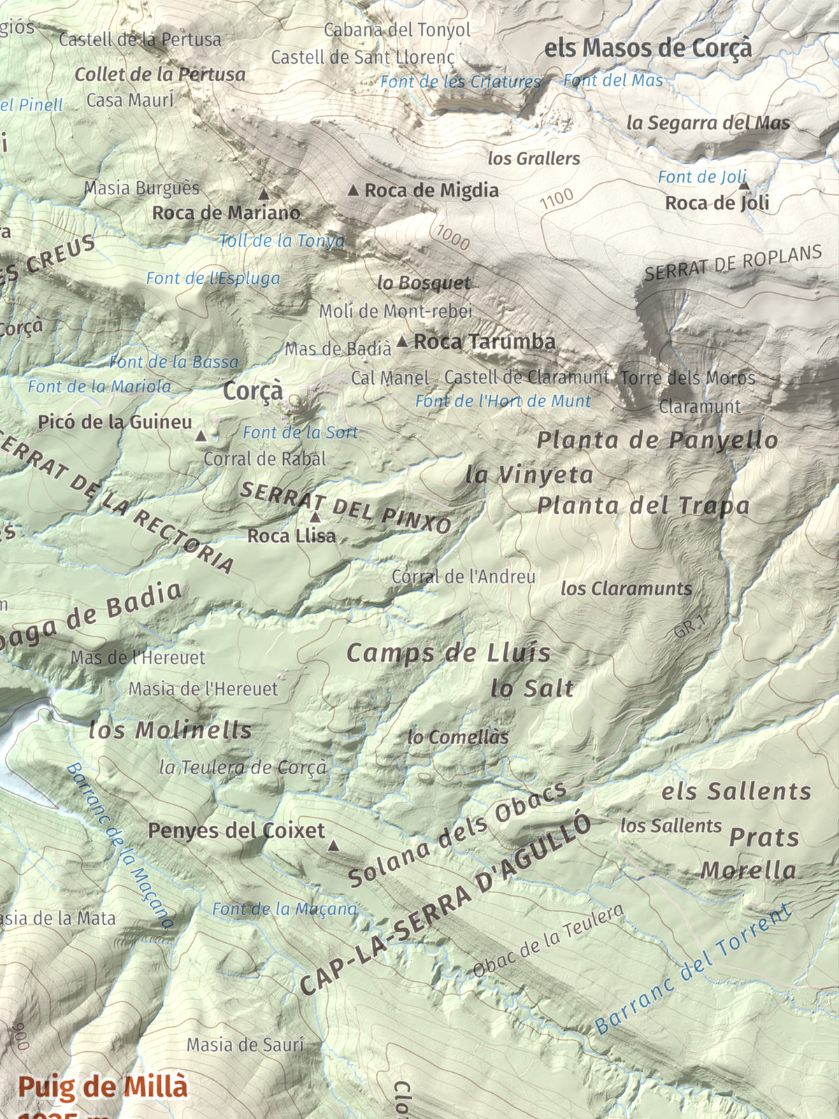 Mapa de relieve de Puig de Millà, 1025 m, Noguera, lámina 100 Cims de Trobart. Detalle de la zona superior derecha. 30 × 40 cm.