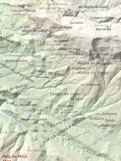 Mapa de relieve de Puig de Millà, 1025 m, Noguera, lámina 100 Cims de Trobart. Detalle de la zona superior derecha. 30 × 40 cm.