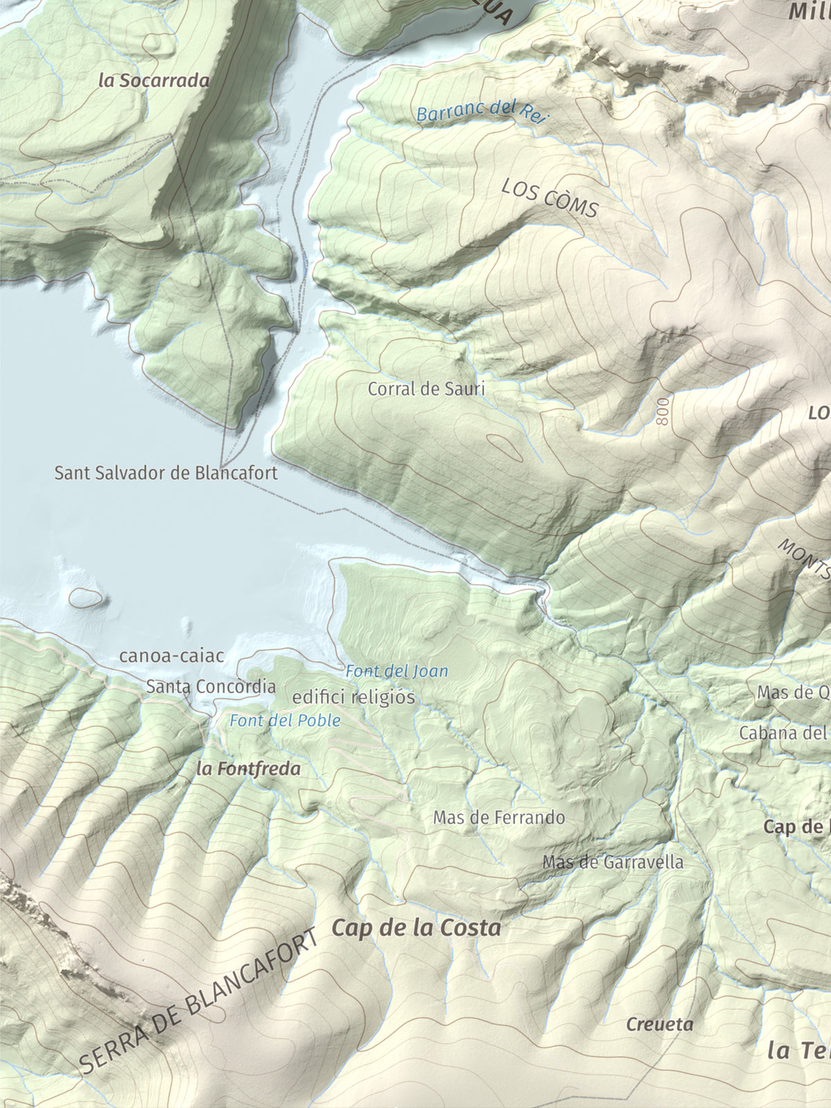 Mapa de relieve de Puig de Millà, 1025 m, Noguera, lámina 100 Cims de Trobart. Detalle de la zona inferior izquierda. 30 × 40 cm.