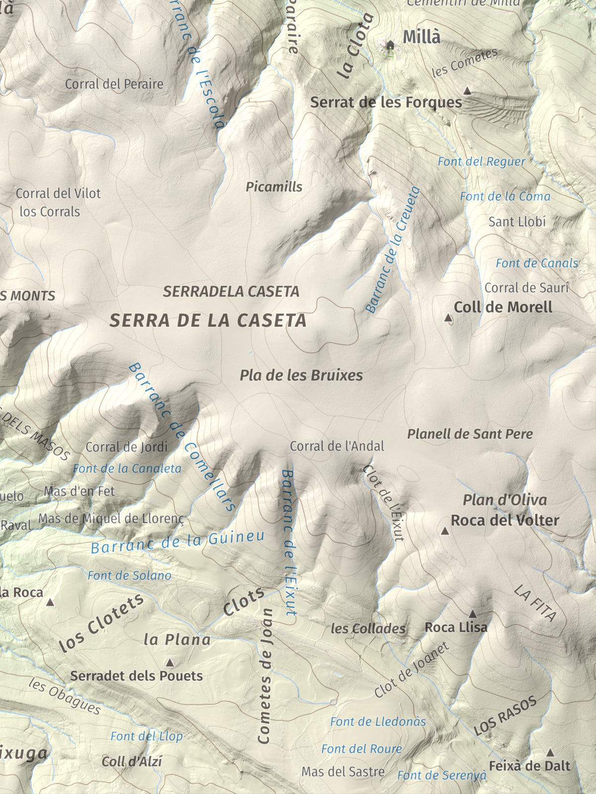 Mapa de relieve de Puig de Millà, 1025 m, Noguera, lámina 100 Cims de Trobart. Detalle de la zona inferior derecha. 30 × 40 cm.